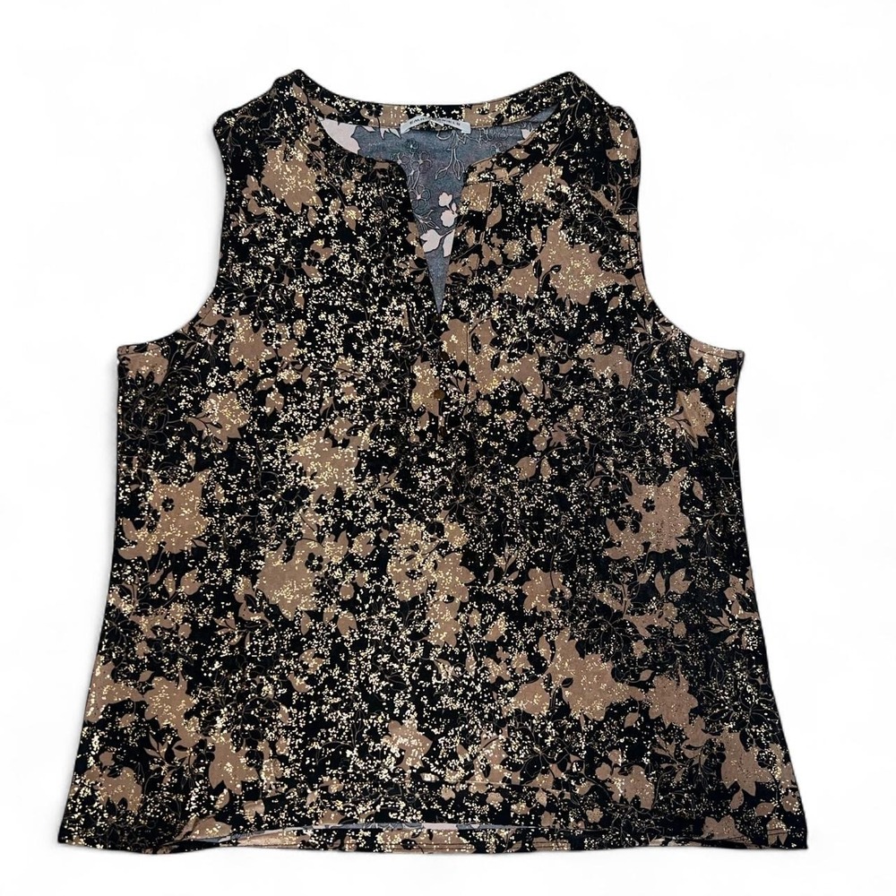 Emily Daniels Women's Large Floral Blouse Black Blush Gold Metallic Button